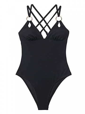 CUPSHE Damen Badeanzug mit Ringen Triangel Cutout Monokini Crossback Tiefer Rückenausschnitt Einteilige Bademode Swimsuit Schwarz S - 2