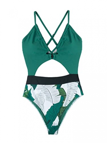 CUPSHE Damen Badeanzug Neckholder Schnürung Monokini Tropischer Blätterprint Crossover Einteilige Bademode Swimsuit Grün L - 5