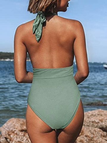 CUPSHE Damen Badeanzug Neckholder Tiefer V Ausschnitt Monokini Raffungen Bauchweg Einteilige Bademode Swimsuit Lichtgrün M - 2