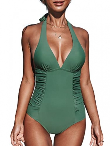 CUPSHE Damen Badeanzug Neckholder V Ausschnitt Bralette Seitliche Raffungen Einteilige Bademode Swimsuit Grün L - 1