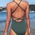 CUPSHE Damen Badeanzug Tiefer V Ausschnitt Lace Up Monokini Figurformend Unifarben Gerippte Einteilige Bademode Swimsuit Eden S - 2