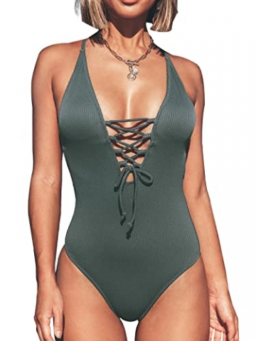 CUPSHE Damen Badeanzug Tiefer V Ausschnitt Lace Up Monokini Figurformend Unifarben Gerippte Einteilige Bademode Swimsuit Eden S - 1