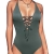 CUPSHE Damen Badeanzug Tiefer V Ausschnitt Lace Up Monokini Figurformend Unifarben Gerippte Einteilige Bademode Swimsuit Eden S - 1
