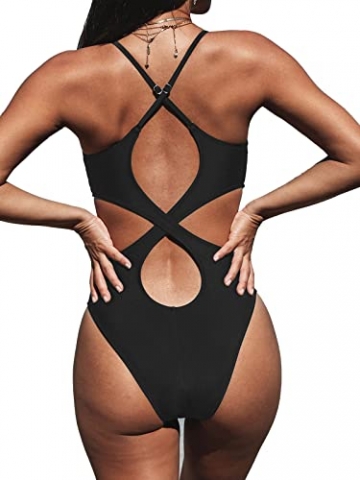CUPSHE Damen Badeanzug Triangel V Ausschnitt Monokini Zierausschnitten Überkreuztes Rückendesign Figurformend Einteilige Bademode Swimsuit Schwarz XL - 2
