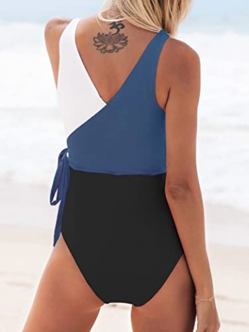 CUPSHE Damen Badeanzug V Ausschnitt Wickeloptik Monokini Farbblock Geknotete Einteilige Bademode Swimsuit Blau XL - 2