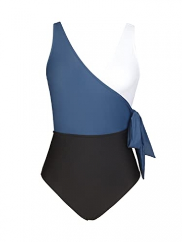 CUPSHE Damen Badeanzug V Ausschnitt Wickeloptik Monokini Farbblock Geknotete Einteilige Bademode Swimsuit Blau XL - 4