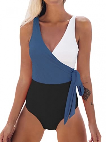 CUPSHE Damen Badeanzug V Ausschnitt Wickeloptik Monokini Farbblock Geknotete Einteilige Bademode Swimsuit Blau XL - 1