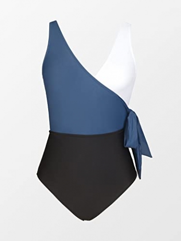 CUPSHE Damen Badeanzug V Ausschnitt Wickeloptik Monokini Farbblock Geknotete Einteilige Bademode Swimsuit Blau XL - 5