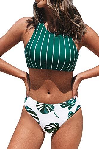 CUPSHE Damen Bikini Set Bustier Bikini mit gekreuztem Rückendetail Zweiteiliger Badeanzug Grün L - 1