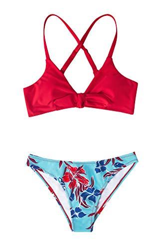 CUPSHE Damen Bikini Set Knot Triangel Bikini Swimsuit Blumenmuster Low Rise Bademode Zweiteiliger Badeanzug Rot/Blau L - 2