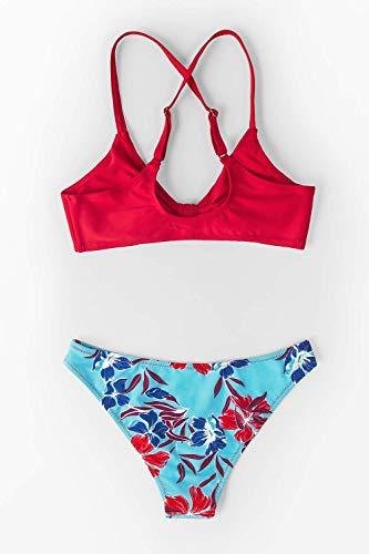 CUPSHE Damen Bikini Set Knot Triangel Bikini Swimsuit Blumenmuster Low Rise Bademode Zweiteiliger Badeanzug Rot/Blau L - 4