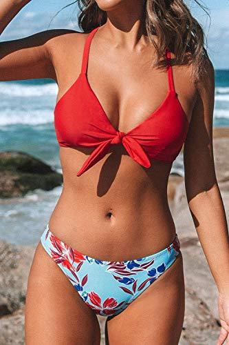 CUPSHE Damen Bikini Set Knot Triangel Bikini Swimsuit Blumenmuster Low Rise Bademode Zweiteiliger Badeanzug Rot/Blau L - 5