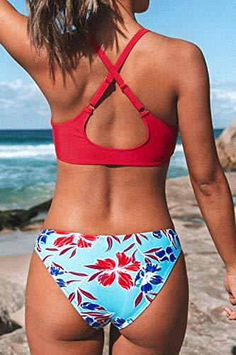 CUPSHE Damen Bikini Set Knot Triangel Bikini Swimsuit Blumenmuster Low Rise Bademode Zweiteiliger Badeanzug Rot/Blau M - 3