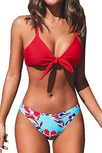 CUPSHE Damen Bikini Set Knot Triangel Bikini Swimsuit Blumenmuster Low Rise Bademode Zweiteiliger Badeanzug Rot/Blau L - 1