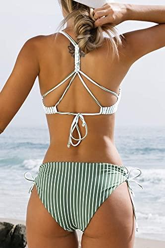 CUPSHE Damen Bikini Set mit Geflochtenen Trägern Streifen Bademode Reversible Bikinihose Zweiteiliger Badeanzug Mintgrün M - 2