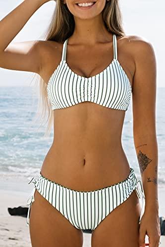 CUPSHE Damen Bikini Set mit Geflochtenen Trägern Streifen Bademode Reversible Bikinihose Zweiteiliger Badeanzug Mintgrün M - 4