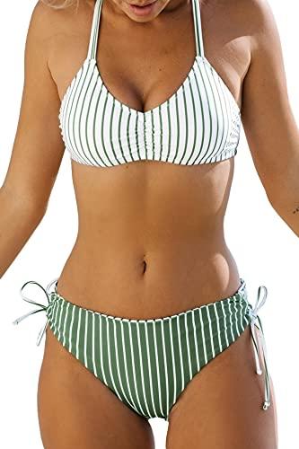 CUPSHE Damen Bikini Set mit Geflochtenen Trägern Streifen Bademode Reversible Bikinihose Zweiteiliger Badeanzug Mintgrün M - 1
