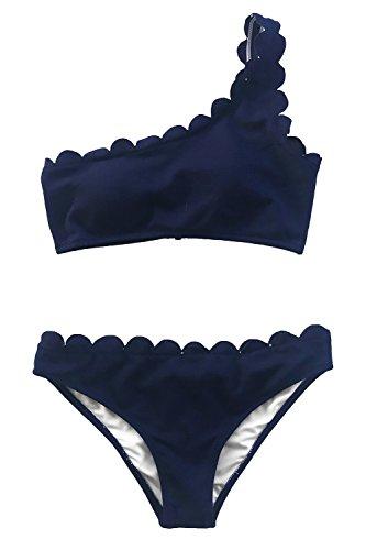 CUPSHE Damen Bikini Set One Shoulder Bandeau Bikinioberteil Wellenkante Strandmode Zweiteiliger Asymmetrischer Badeanzug Blau L - 2