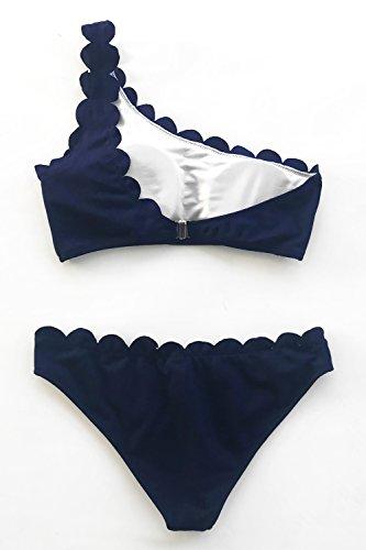 CUPSHE Damen Bikini Set One Shoulder Bandeau Bikinioberteil Wellenkante Strandmode Zweiteiliger Asymmetrischer Badeanzug Blau L - 4