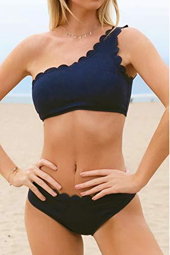CUPSHE Damen Bikini Set One Shoulder Bandeau Bikinioberteil Wellenkante Strandmode Zweiteiliger Asymmetrischer Badeanzug Blau L - 6