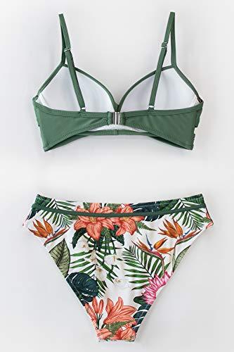 CUPSHE Damen Bikini Set Push Up Crossover Bikini Bademode Blumenmuster Zweiteiliger Badeanzug Swimsuit Salbeigrün M - 4