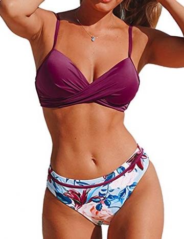 CUPSHE Damen Bikini Set Push Up Crossover Bikinioberteil Strandmode Zweiteiliger Badeanzug Violett XL - 1