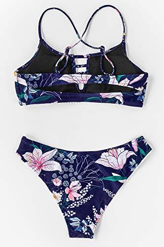 CUPSHE Damen Bikini Set Riemchen Tropicalmuster Bikini Bademode Cut Out Zweiteiliger Badeanzug Swimsuit Marineblau M - 4