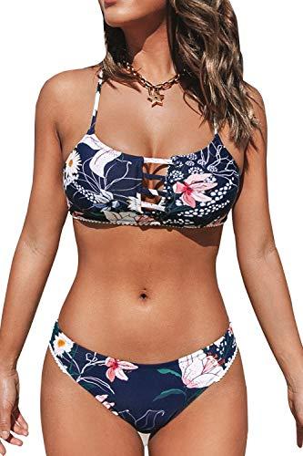 CUPSHE Damen Bikini Set Riemchen Tropicalmuster Bikini Bademode Cut Out Zweiteiliger Badeanzug Swimsuit Marineblau M - 1