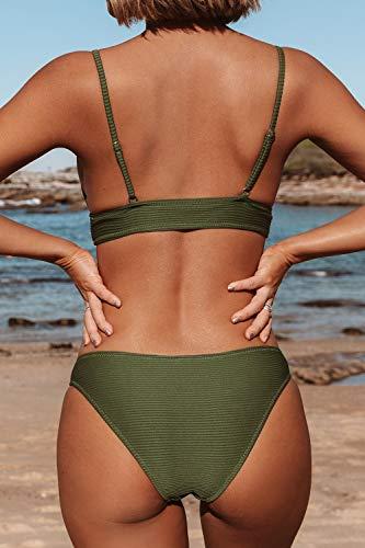 CUPSHE Damen Bikini Set Triangel Breites Unterbrustband Gerippte Bademode Zweiteiliger Badeanzug Armee Grün L - 2