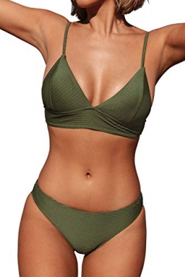 CUPSHE Damen Bikini Set Triangel Breites Unterbrustband Gerippte Bademode Zweiteiliger Badeanzug Armee Grün L - 1
