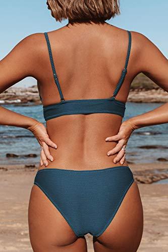 CUPSHE Damen Bikini Set Triangel Breites Unterbrustband Gerippte Bademode Zweiteiliger Badeanzug Blau M - 3