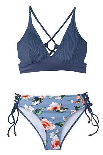 CUPSHE Damen Bikini Set Triangel Geripptes Bikinitop Bademode Kreuzschnürung Zweiteiliger Badeanzug Blau L - 2