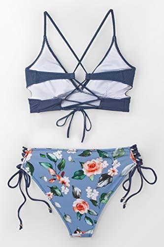 CUPSHE Damen Bikini Set Triangel Geripptes Bikinitop Bademode Kreuzschnürung Zweiteiliger Badeanzug Blau L - 3