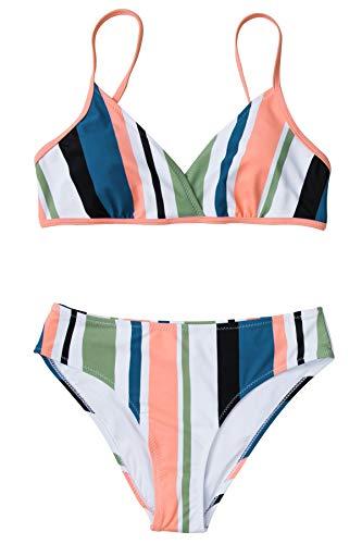 CUPSHE Damen Bikini Set Triangel Streifen Bikini Bademode Low Rise Rainbow Zweiteiliger Badeanzug Swimsuit Mehrfarbig XS - 2