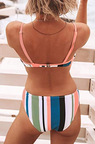 CUPSHE Damen Bikini Set Triangel Streifen Bikini Bademode Low Rise Rainbow Zweiteiliger Badeanzug Swimsuit Mehrfarbig XS - 3