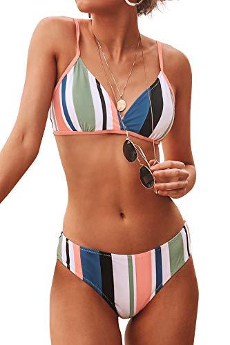 CUPSHE Damen Bikini Set Triangel Streifen Bikini Bademode Low Rise Rainbow Zweiteiliger Badeanzug Swimsuit Mehrfarbig XS - 1
