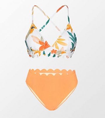 CUPSHE Damen Bikini Set Triangel Wellenkanten Bikini Bademode V Ausschnitt Blumenmuster Mid Waist Zweiteiliger Badeanzug Swimsuit Orange L - 6