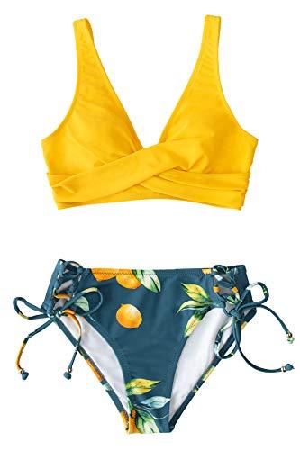 CUPSHE Damen Bikini Set Wickeloptik Obstmuster Low Rise schnürende Bademode Zweiteiliger Badeanzug Zitronengelb M - 2