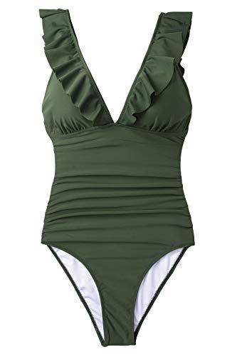 CUPSHE Damen Einteiler Badeanzug Rüschen V Ausschnitt Monokinis Bauchweg Einteiliger Bademode Swimsuit Armee Grün S - 2