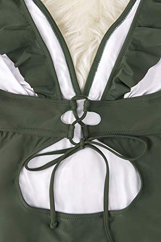 CUPSHE Damen Einteiler Badeanzug Rüschen V Ausschnitt Monokinis Bauchweg Einteiliger Bademode Swimsuit Armee Grün L - 6