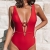 CUPSHE Damen Einteiler Tief ausgeschnittener Badeanzug mit Trägerdesign Monokini Einteilige Bademode Swimsuit Rot M - 2
