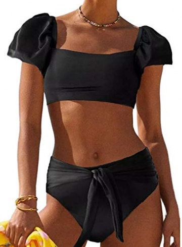 Dokotoo Damen Bikini 2022, niedlich, solide Luftpolsterärmel, hohe Taille, Zweiteiliger Badeanzug, schwarz, Medium - 1