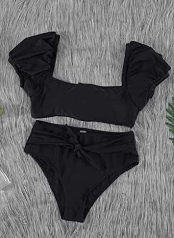 Dokotoo Damen Bikini 2022, niedlich, solide Luftpolsterärmel, hohe Taille, Zweiteiliger Badeanzug, schwarz, Medium - 5