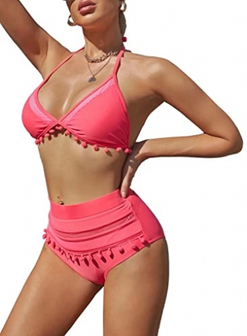 Dokotoo Damen-Bikini-Set, hohe Taille, gestreift, mit Quasten - Pink - Medium - 1
