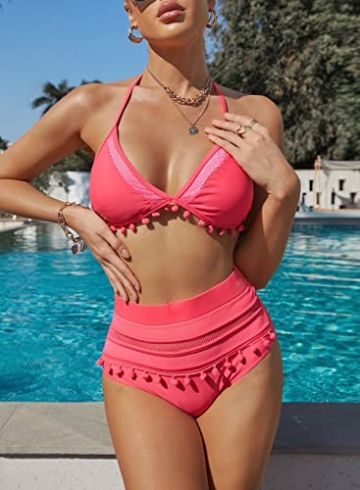 Dokotoo Damen-Bikini-Set, hohe Taille, gestreift, mit Quasten - Pink - Medium - 2