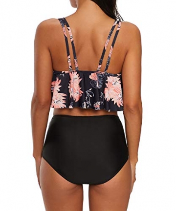 Durio Bikini High Waist Damen Zweiteiliger Bikini Set Hohe Taille Bikinihose mit Langem Volant Chrysantheme-Schwarz 40-42 - 2