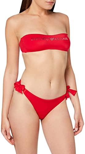 Emporio Armani Swimwear Womens Rem.Cups Band & Brazilian W/Bows Light Logo Bikini Set, Red, M - 1