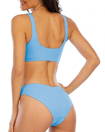 Halcurt Bikini-Badeanzug, tiefer V-Ausschnitt, gepolstert, zweiteilig, einfarbig - Blau - Large - 4