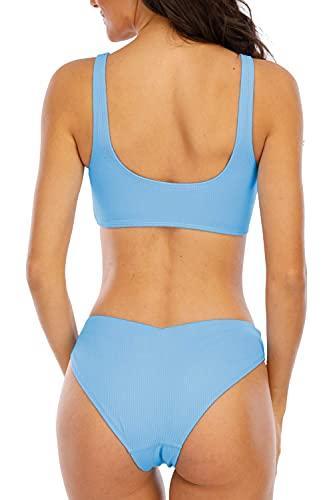 Halcurt Bikini-Badeanzug, tiefer V-Ausschnitt, gepolstert, zweiteilig, einfarbig - Blau - Large - 5