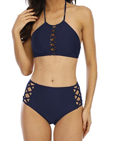 Halcurt Damen-Bikini-Badeanzug, Kreuz, Neckholder, zweiteiliger Badeanzug - Blau - Medium - 1